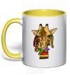 Mug with a colored handle A giraffe chewing grass yellow фото