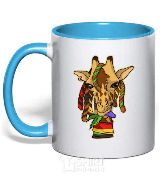 Mug with a colored handle A giraffe chewing grass sky-blue фото