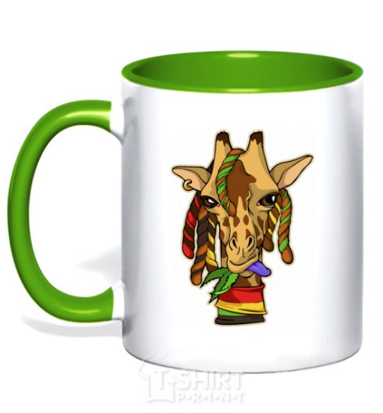 Mug with a colored handle A giraffe chewing grass kelly-green фото