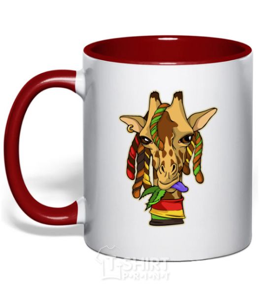 Mug with a colored handle A giraffe chewing grass red фото