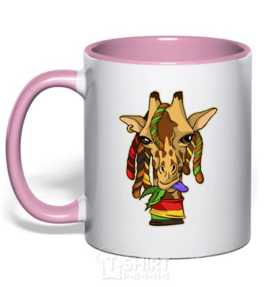 Mug with a colored handle A giraffe chewing grass light-pink фото