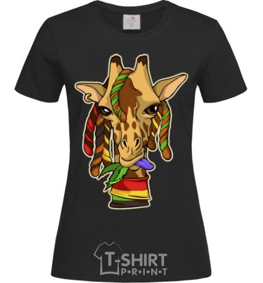 Women's T-shirt A giraffe chewing grass black фото