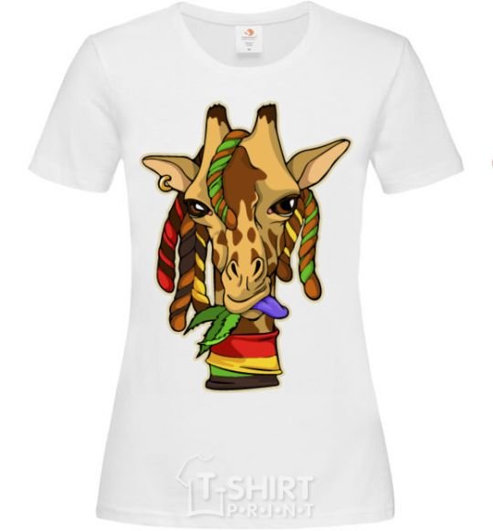 Women's T-shirt A giraffe chewing grass White фото