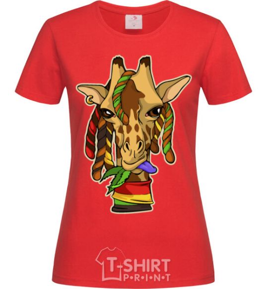 Women's T-shirt A giraffe chewing grass red фото