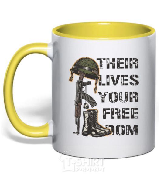 Mug with a colored handle Their lives your freedom yellow фото