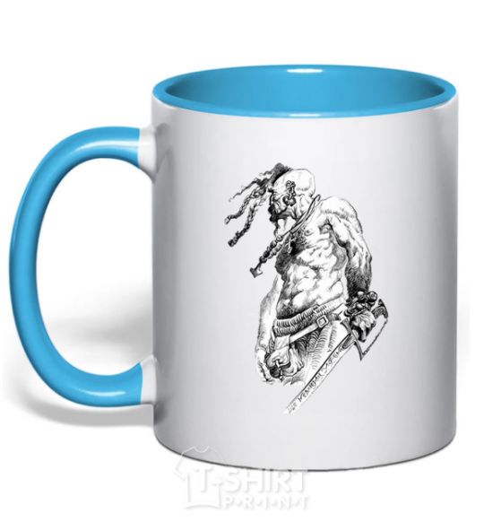 Mug with a colored handle Cossack with a saber sky-blue фото