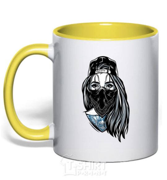 Mug with a colored handle Girl in fullcap yellow фото