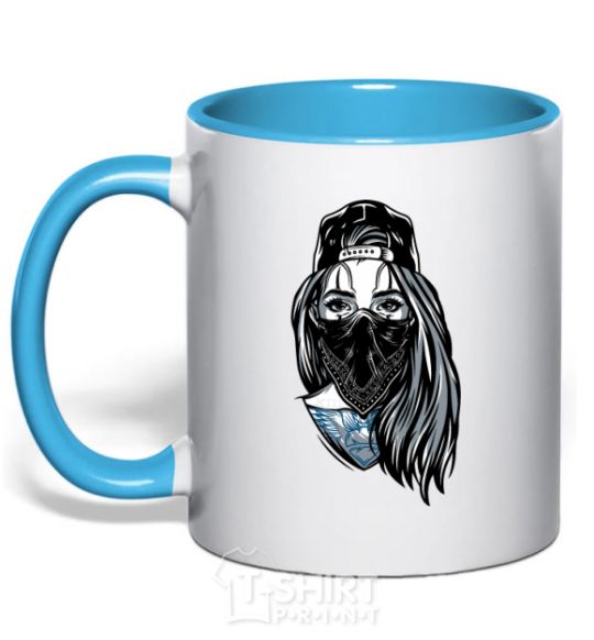 Mug with a colored handle Girl in fullcap sky-blue фото