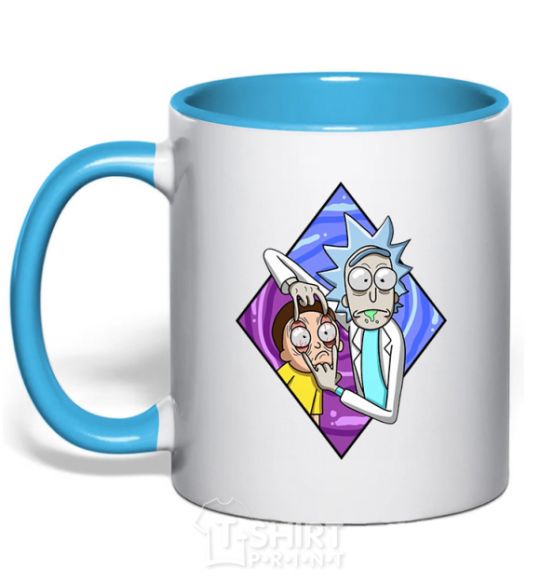 Mug with a colored handle Rick and Morty look sky-blue фото