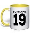 Mug with a colored handle Surname 19 black yellow фото