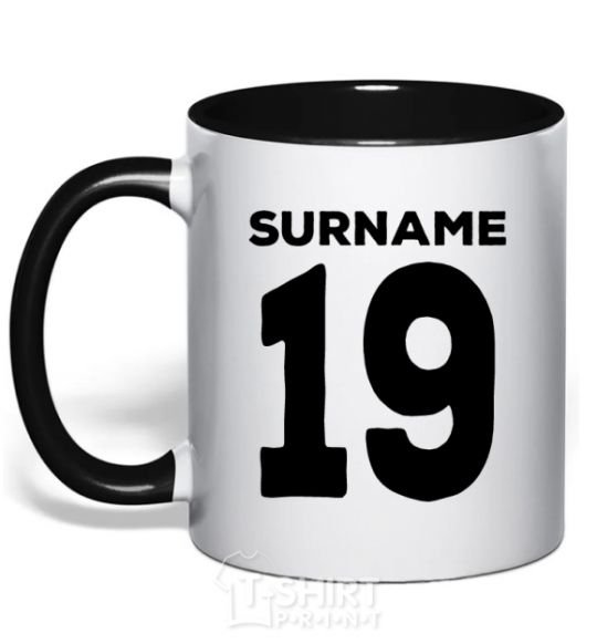 Mug with a colored handle Surname 19 black black фото