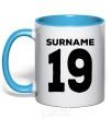 Mug with a colored handle Surname 19 black sky-blue фото
