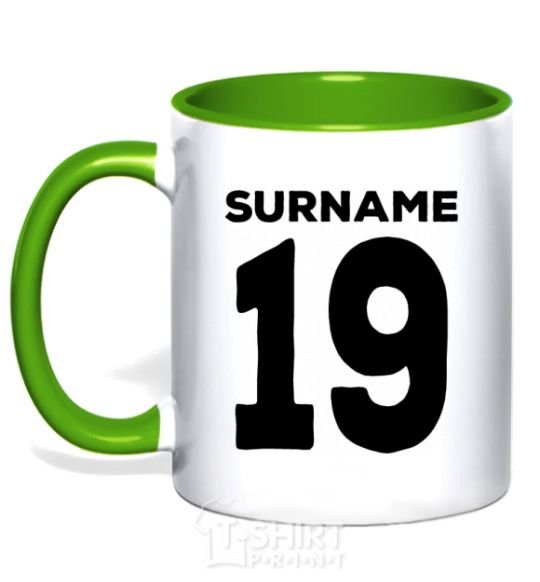 Mug with a colored handle Surname 19 black kelly-green фото