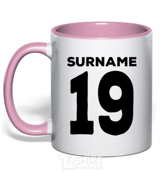 Mug with a colored handle Surname 19 black light-pink фото