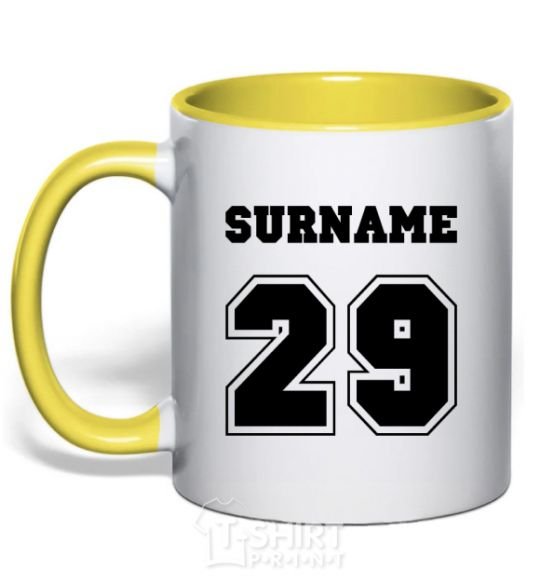 Mug with a colored handle Surname 29 yellow фото