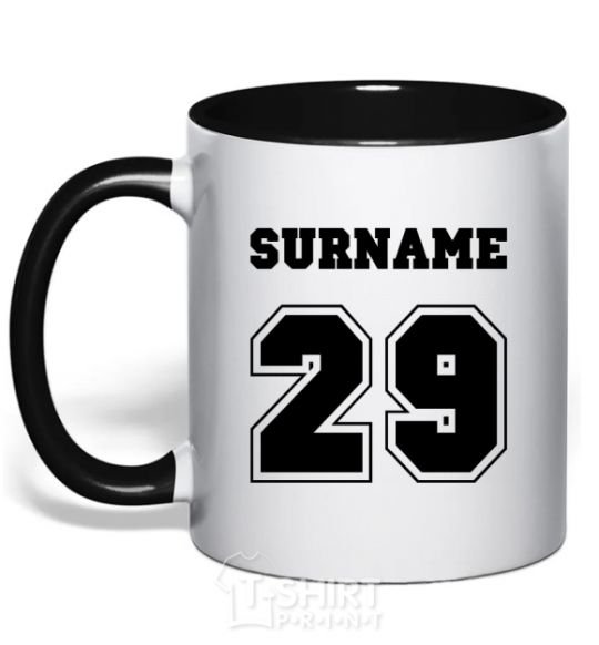 Mug with a colored handle Surname 29 black фото