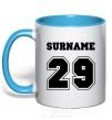 Mug with a colored handle Surname 29 sky-blue фото