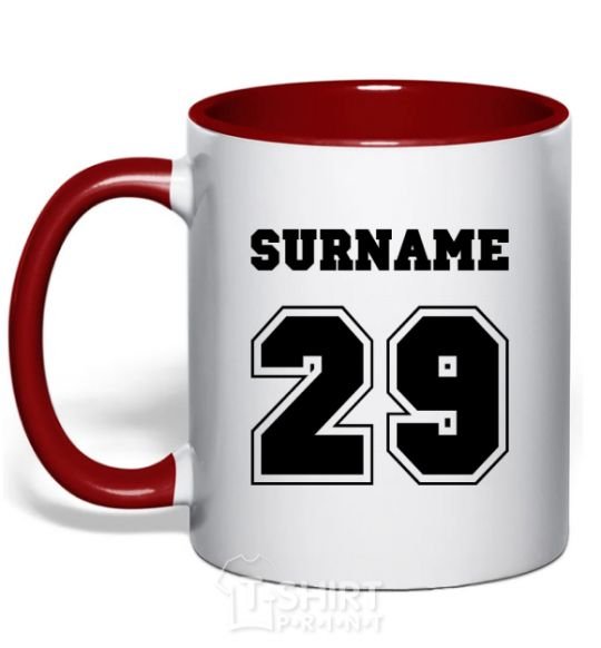 Mug with a colored handle Surname 29 red фото