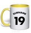 Mug with a colored handle Surname 19 yellow фото