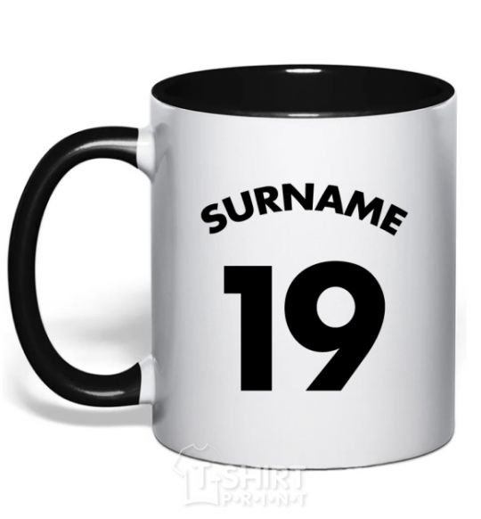 Mug with a colored handle Surname 19 black фото