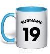 Mug with a colored handle Surname 19 sky-blue фото