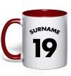 Mug with a colored handle Surname 19 red фото