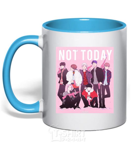Mug with a colored handle Not today bts art sky-blue фото