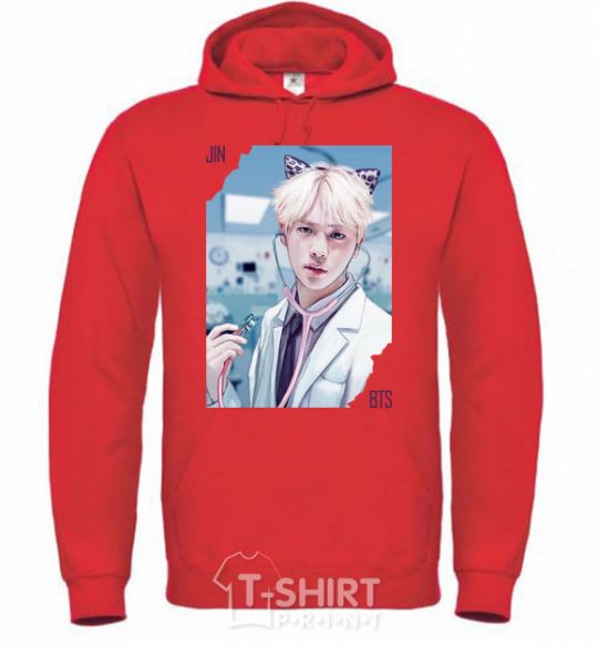 Men`s hoodie Jin BTS like a cat bright-red фото