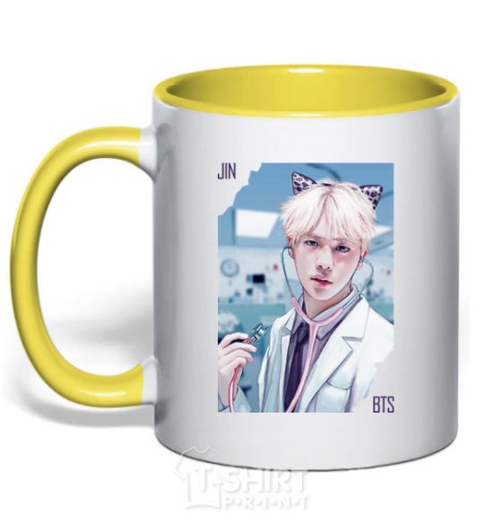 Mug with a colored handle Jin BTS like a cat yellow фото