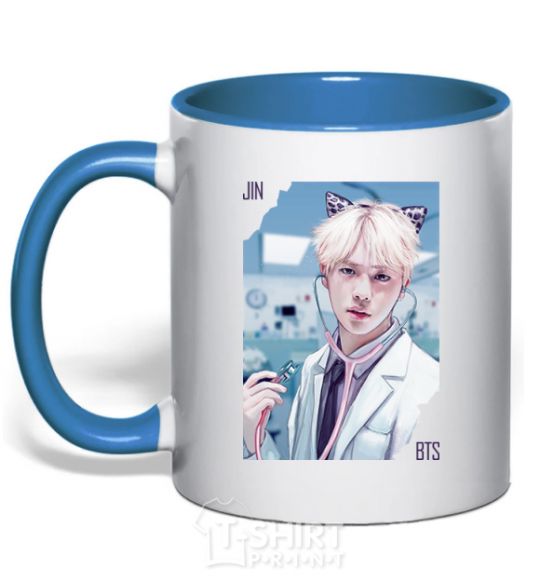 Mug with a colored handle Jin BTS like a cat royal-blue фото