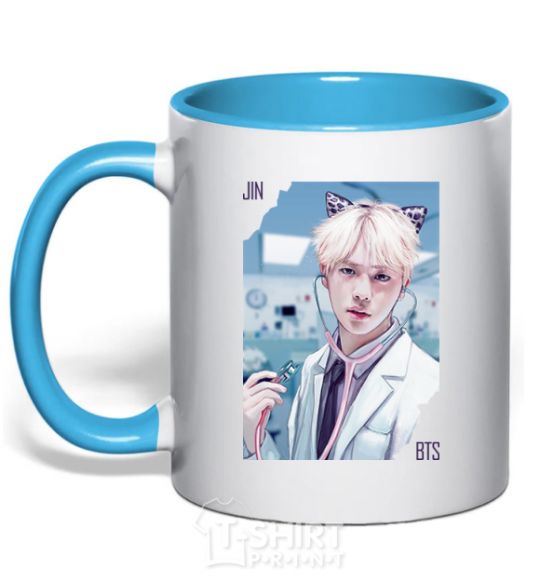 Mug with a colored handle Jin BTS like a cat sky-blue фото