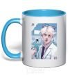 Mug with a colored handle Jin BTS like a cat sky-blue фото