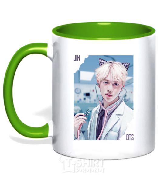 Mug with a colored handle Jin BTS like a cat kelly-green фото