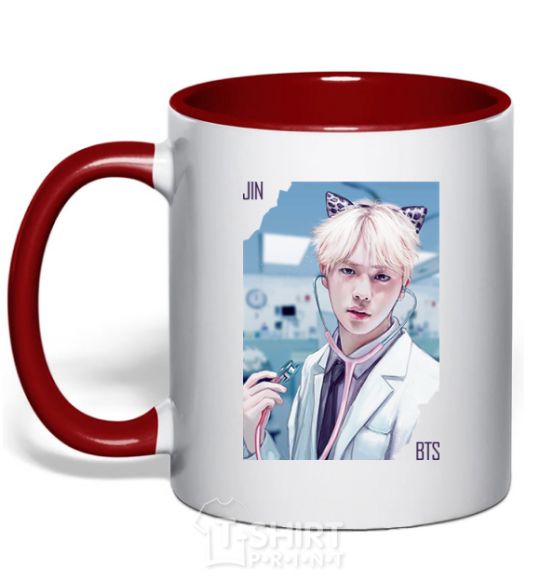 Mug with a colored handle Jin BTS like a cat red фото