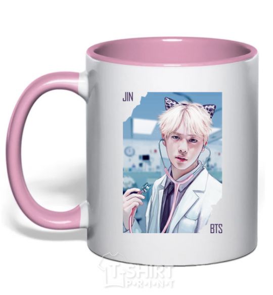 Mug with a colored handle Jin BTS like a cat light-pink фото