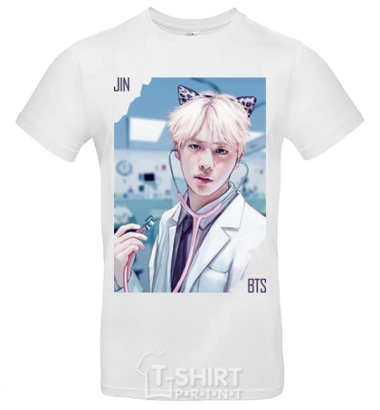 Men's T-Shirt Jin BTS like a cat White фото