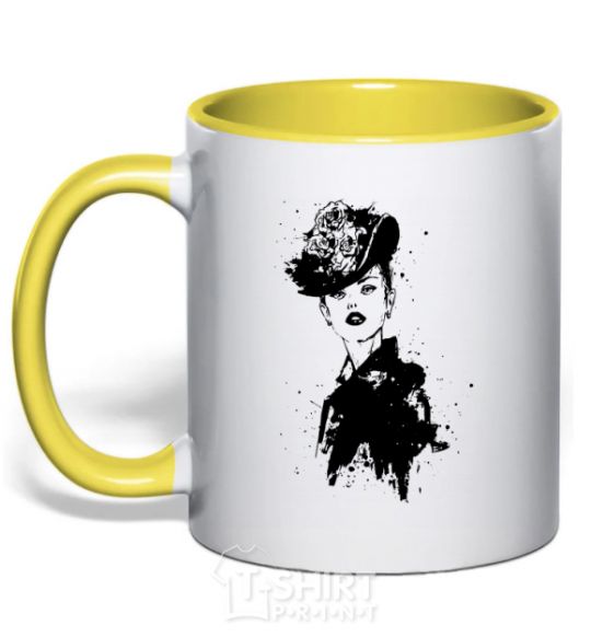 Mug with a colored handle Black lady yellow фото
