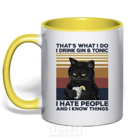 Mug with a colored handle I hate people and i know things yellow фото