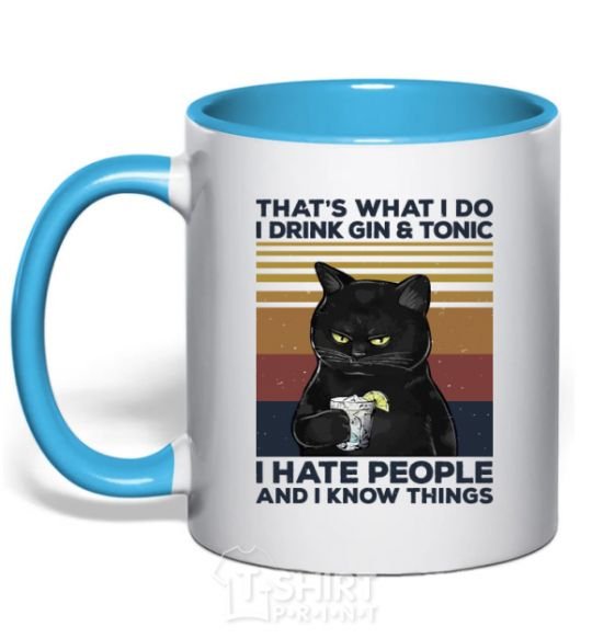 Mug with a colored handle I hate people and i know things sky-blue фото