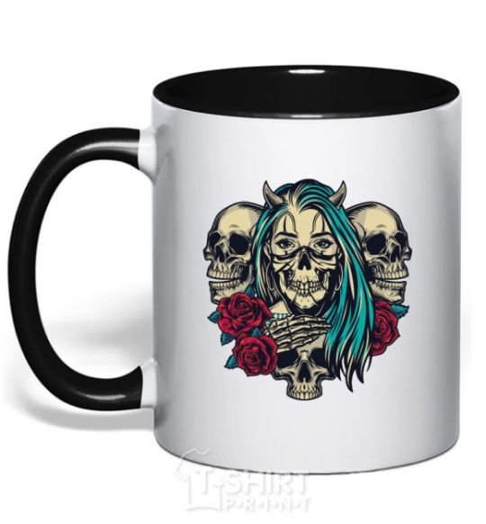Mug with a colored handle Girl and skulls black фото