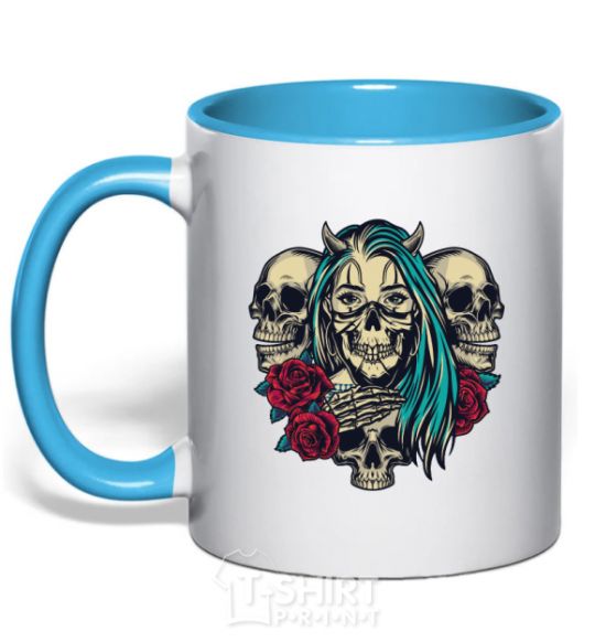 Mug with a colored handle Girl and skulls sky-blue фото