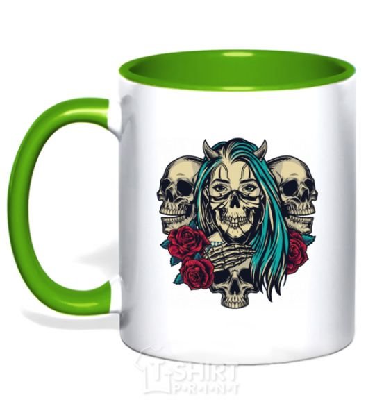 Mug with a colored handle Girl and skulls kelly-green фото