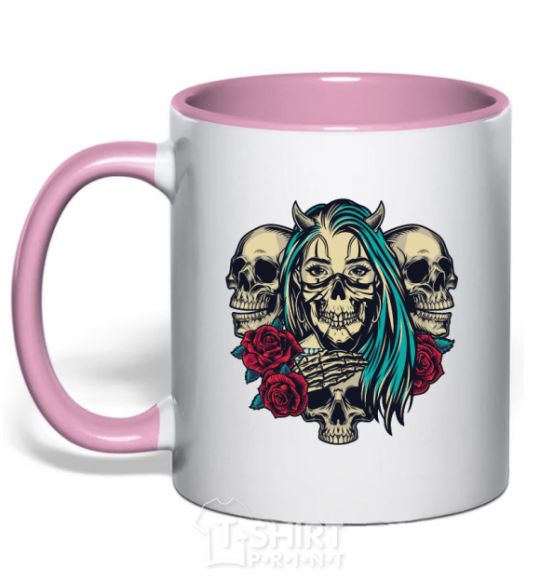 Mug with a colored handle Girl and skulls light-pink фото