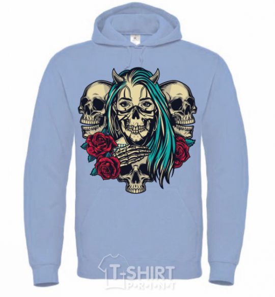 Men`s hoodie Girl and skulls sky-blue фото