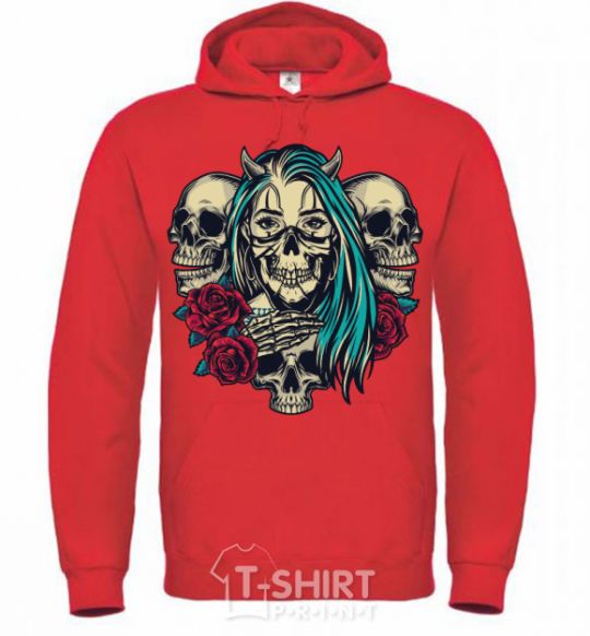 Men`s hoodie Girl and skulls bright-red фото