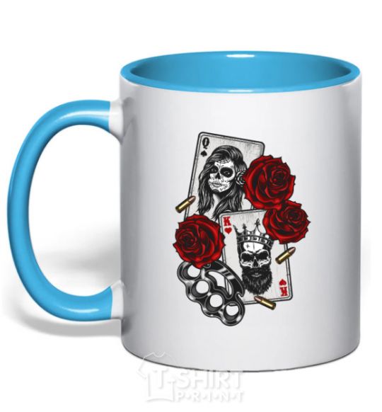 Mug with a colored handle Santa Muerte and skull sky-blue фото