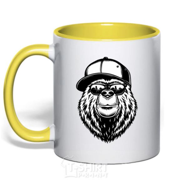 Mug with a colored handle Bear in fullcap yellow фото