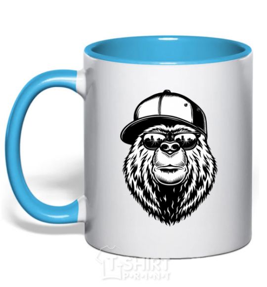 Mug with a colored handle Bear in fullcap sky-blue фото