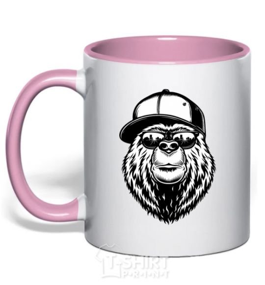 Mug with a colored handle Bear in fullcap light-pink фото