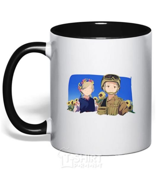 Mug with a colored handle Ukrainian anime soldier black фото